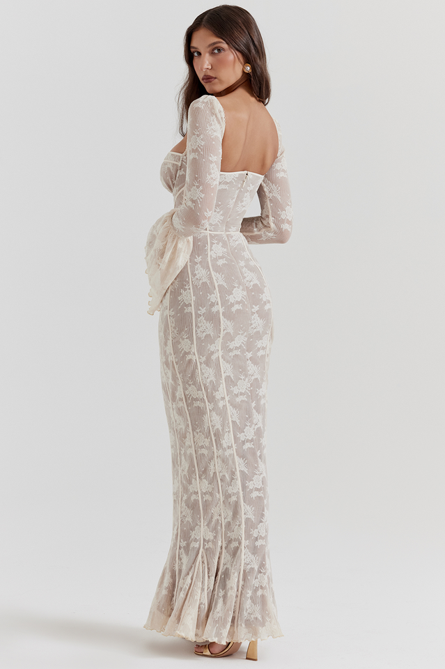 Floral Lace Sweetheart Bow Corset Bell Sleeve Mermaid Maxi Gown 5