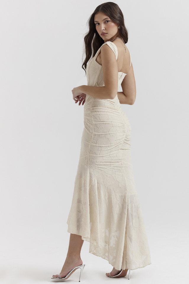 Floral Burnout Lace Corset Bodice Ruched Wrap High-Low Mermaid Midi Dress 4