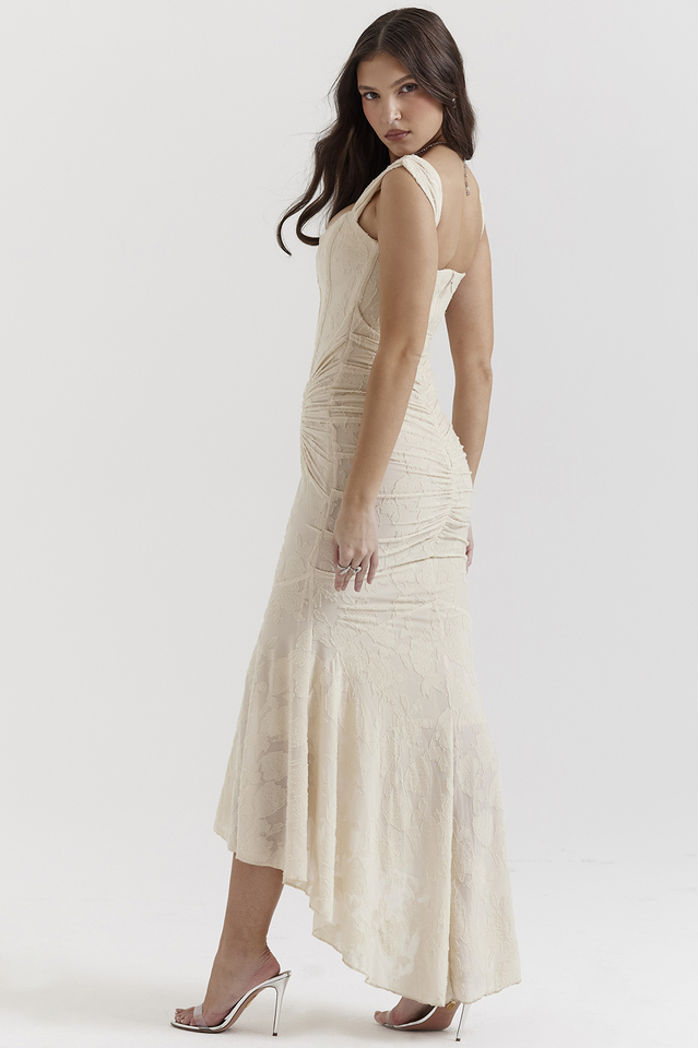 Floral Burnout Lace Corset Bodice Ruched Wrap High-Low Mermaid Midi Dress 3