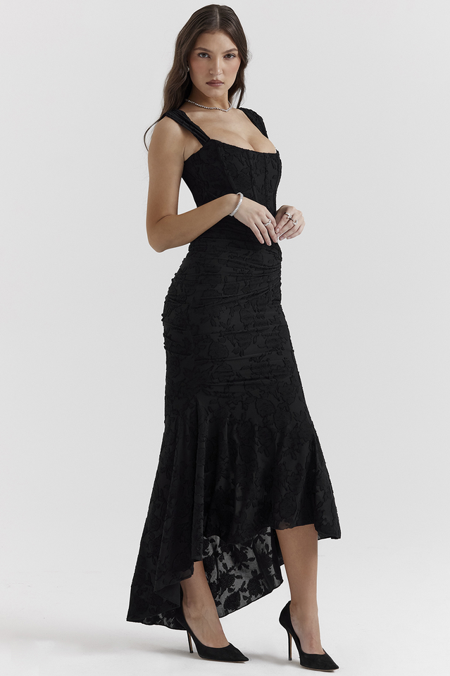 Floral Burnout Lace Corset Bodice Ruched Wrap High-Low Mermaid Midi Dress 10
