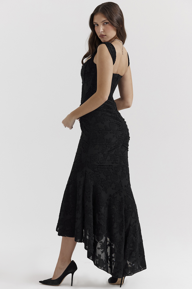 Floral Burnout Lace Corset Bodice Ruched Wrap High-Low Mermaid Midi Dress 11