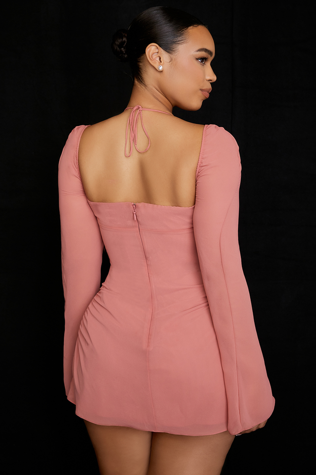 Halter Tie Neck Sweetheart Ruched Long Sleeve Hip Cutout Drawstring Mini Dress 37