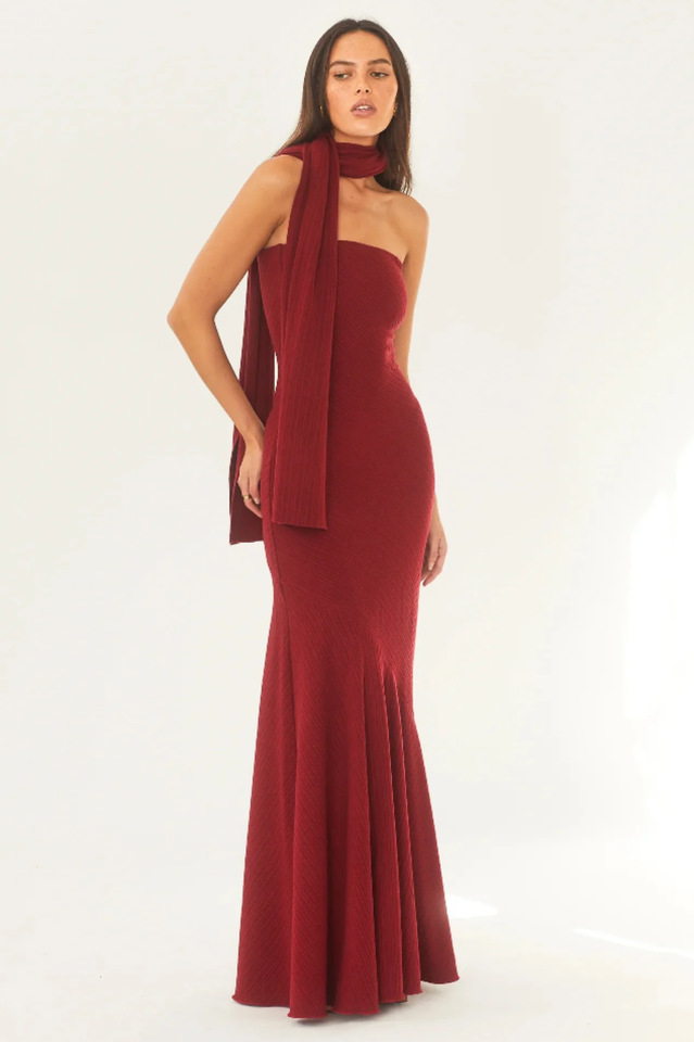 Strapless Rib Knit Neck Scarf Trumpet Hem Mermaid Maxi Gown 2