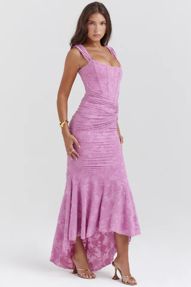 Floral Burnout Lace Corset Bodice Ruched Wrap High-Low Mermaid Midi Dress 14