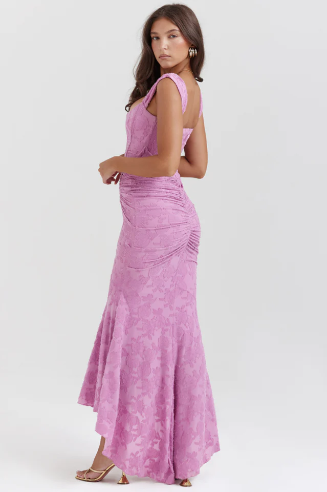 Floral Burnout Lace Corset Bodice Ruched Wrap High-Low Mermaid Midi Dress 15