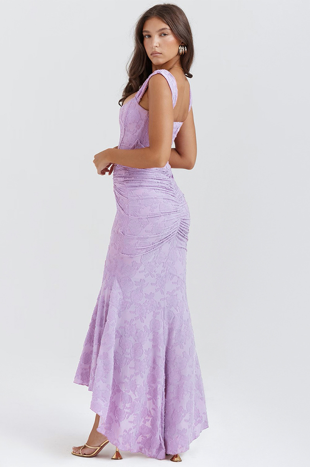Floral Burnout Lace Corset Bodice Ruched Wrap High-Low Mermaid Midi Dress 18