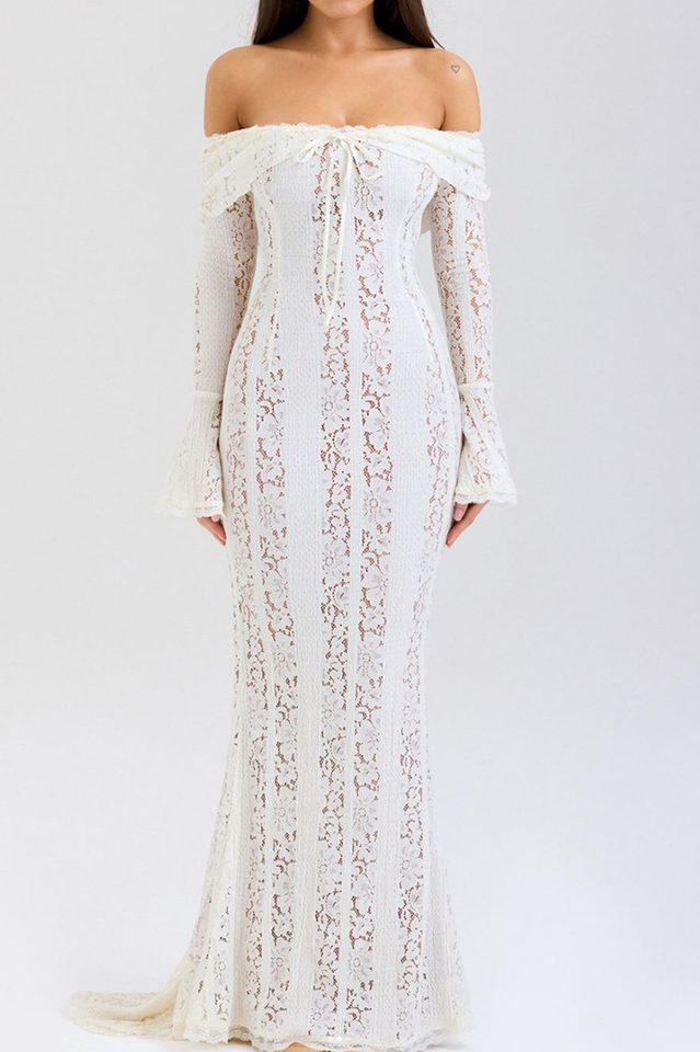 Off Shoulder Lace Bell Sleeve Drawstring Neck Bodycon Maxi Dress