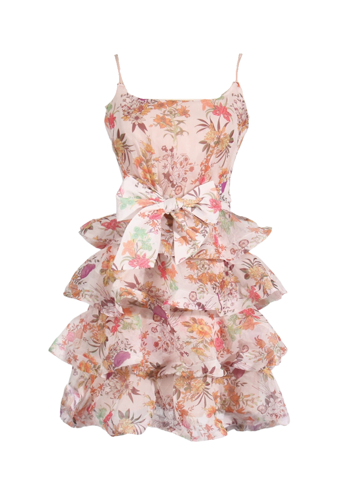 Spaghetti Strap Square Neck Bow Tie Tiered Ruffle Floral Mini Dress 7