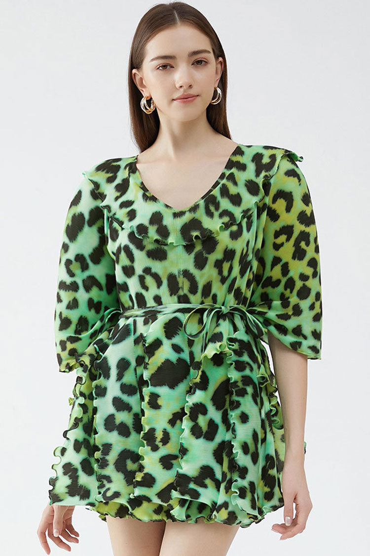 Print V-Neck Ruffle Half Sleeve Tie Waist Pleated Mini Dress 3
