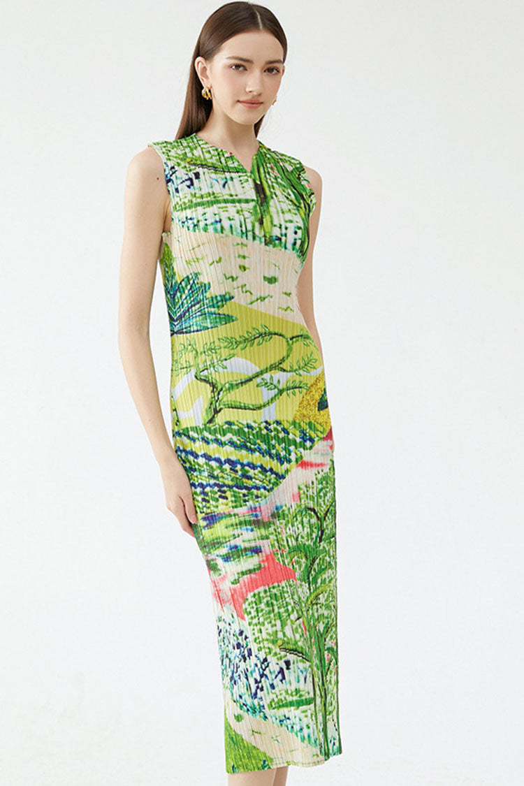 V-Neck Sleeveless Plisse Pleated Landscape Print Midi Dress 2