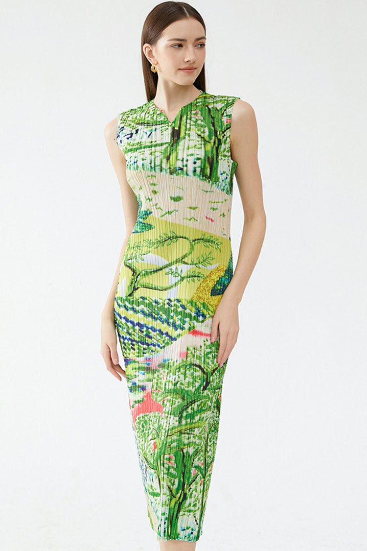V-Neck Sleeveless Plisse Pleated Landscape Print Midi Dress 3