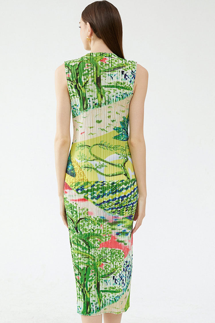 V-Neck Sleeveless Plisse Pleated Landscape Print Midi Dress 4