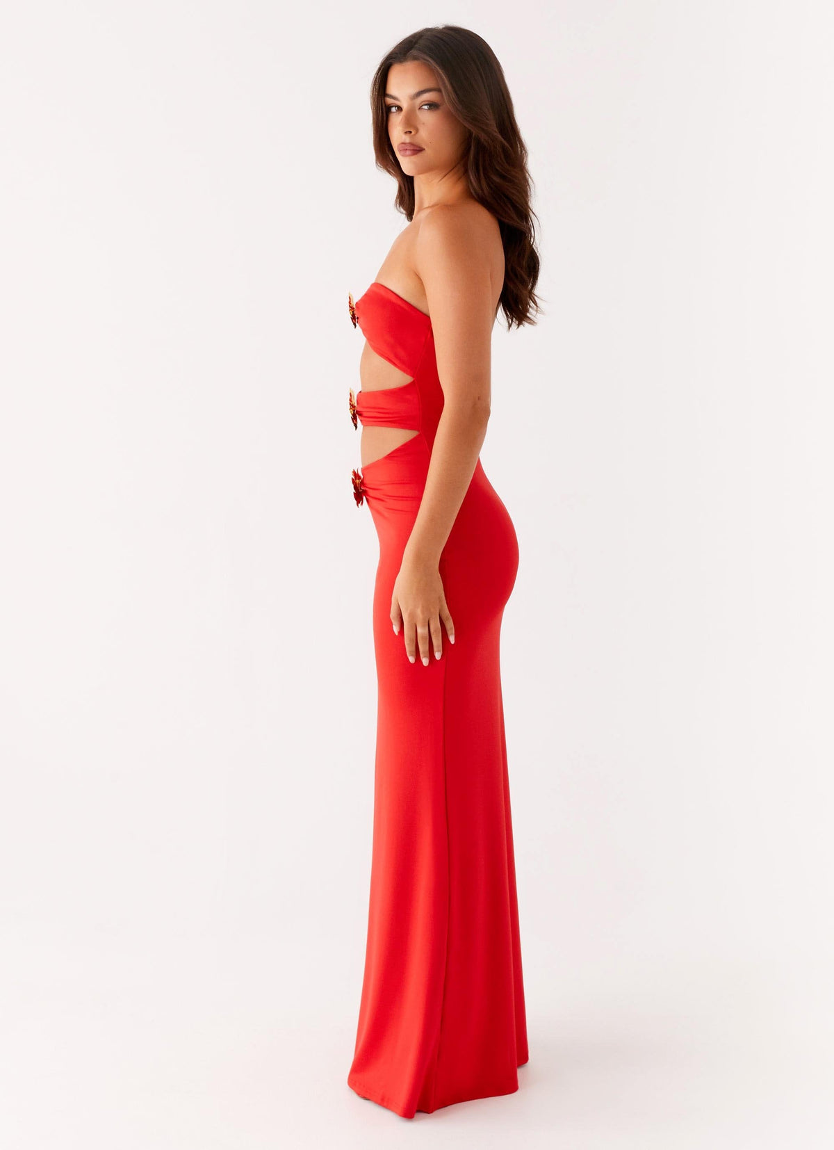 Strapless Bandeau Floral Applique Horizontal Cutout Bodycon Maxi Dress 2