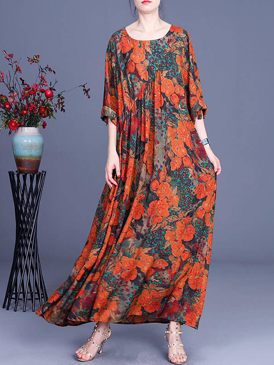 Peacock Floral Print Gathered Oversized Maxi Dress