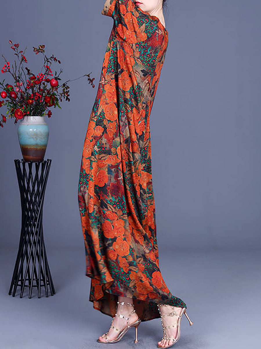 Peacock Floral Print Gathered Oversized Maxi Dress 4