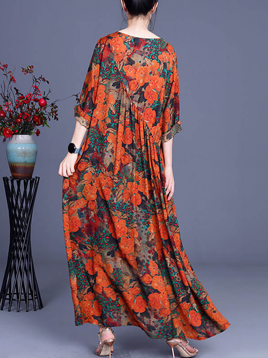 Peacock Floral Print Gathered Oversized Maxi Dress 2