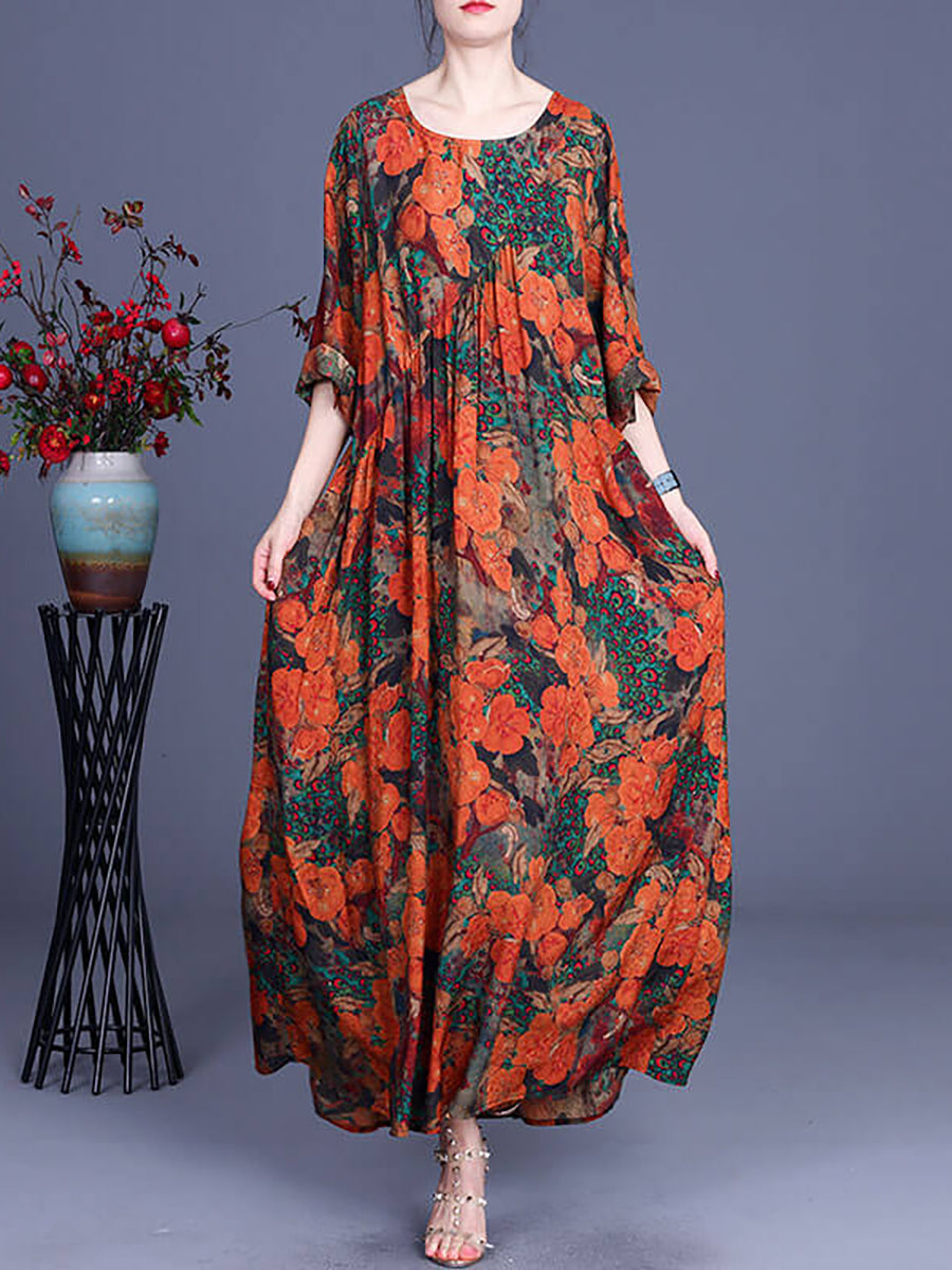 Peacock Floral Print Gathered Oversized Maxi Dress 3