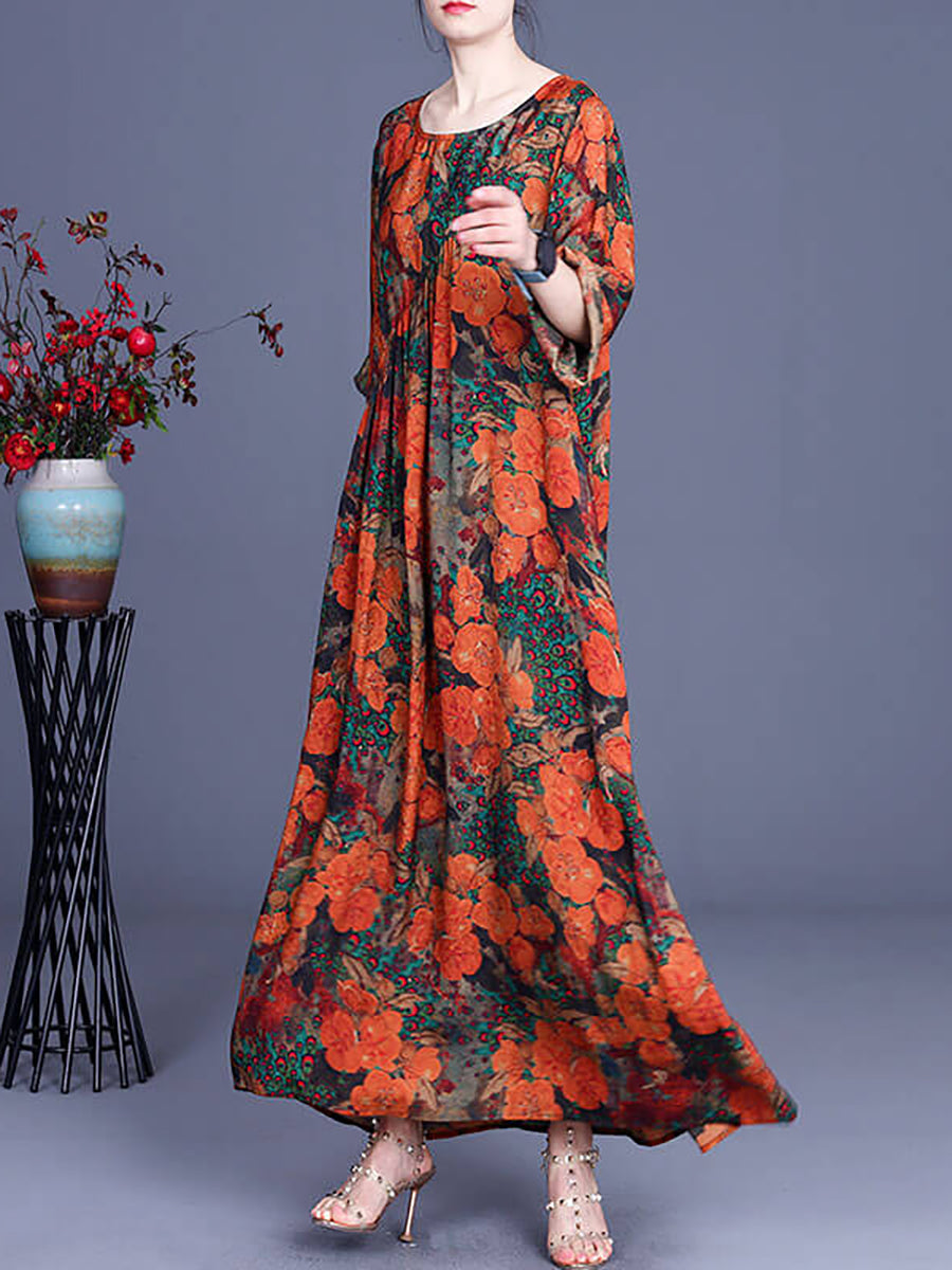 Peacock Floral Print Gathered Oversized Maxi Dress 5
