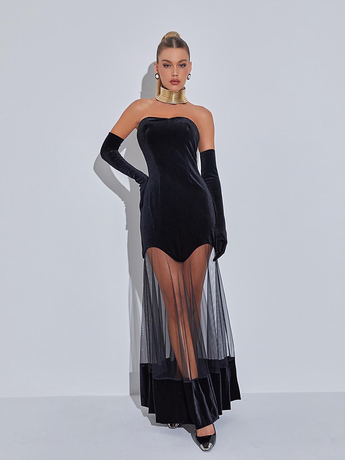 Strapless Velvet Scallop Hem Sheer Mesh Maxi Gown Set