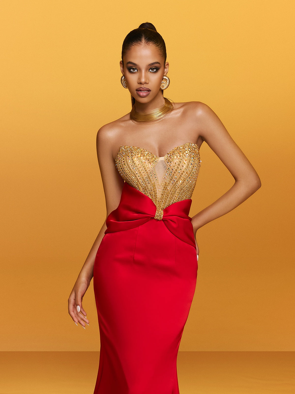 Strapless Bow Satin Column Maxi Gown 3