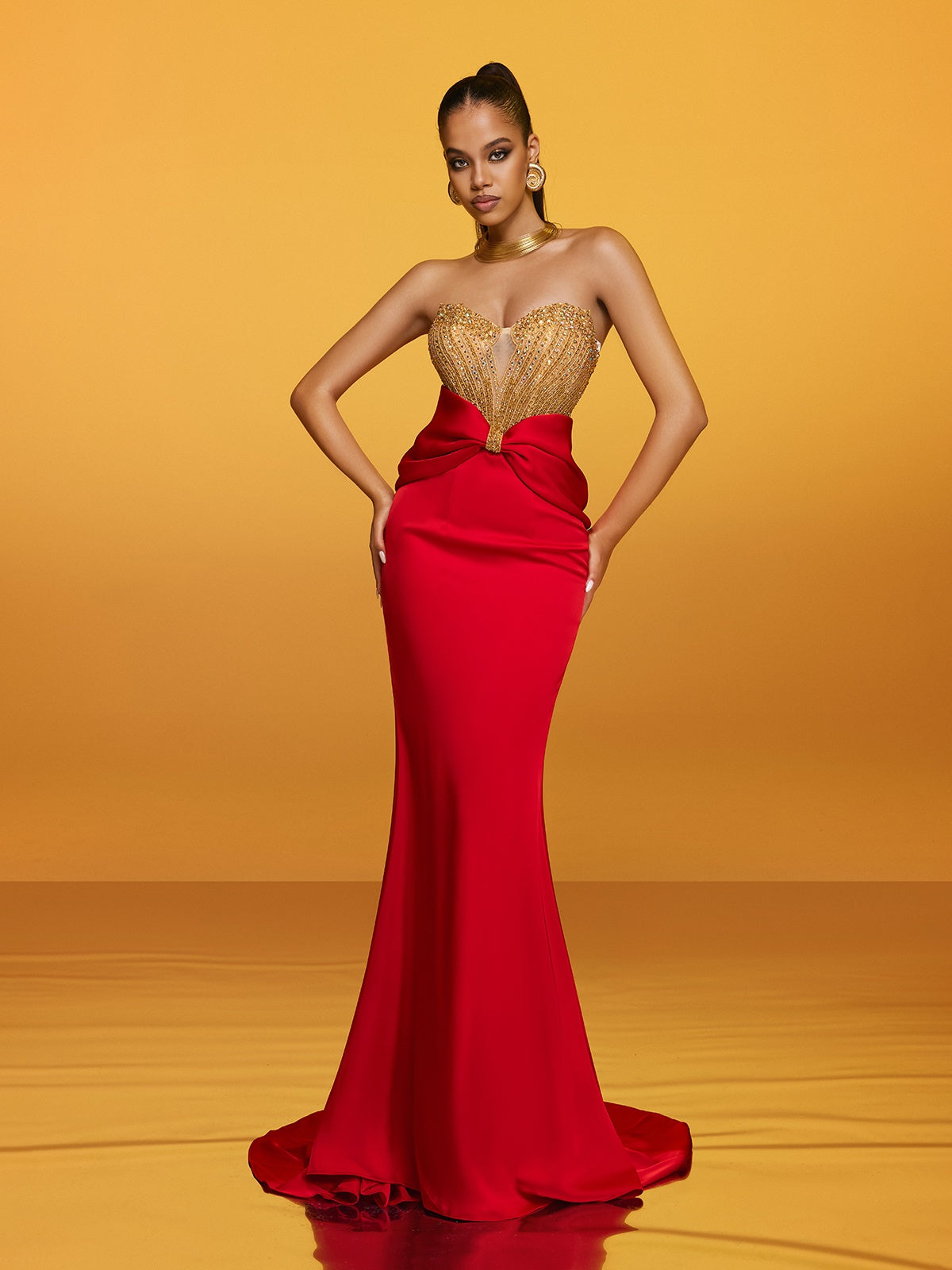 Strapless Bow Satin Column Maxi Gown 2