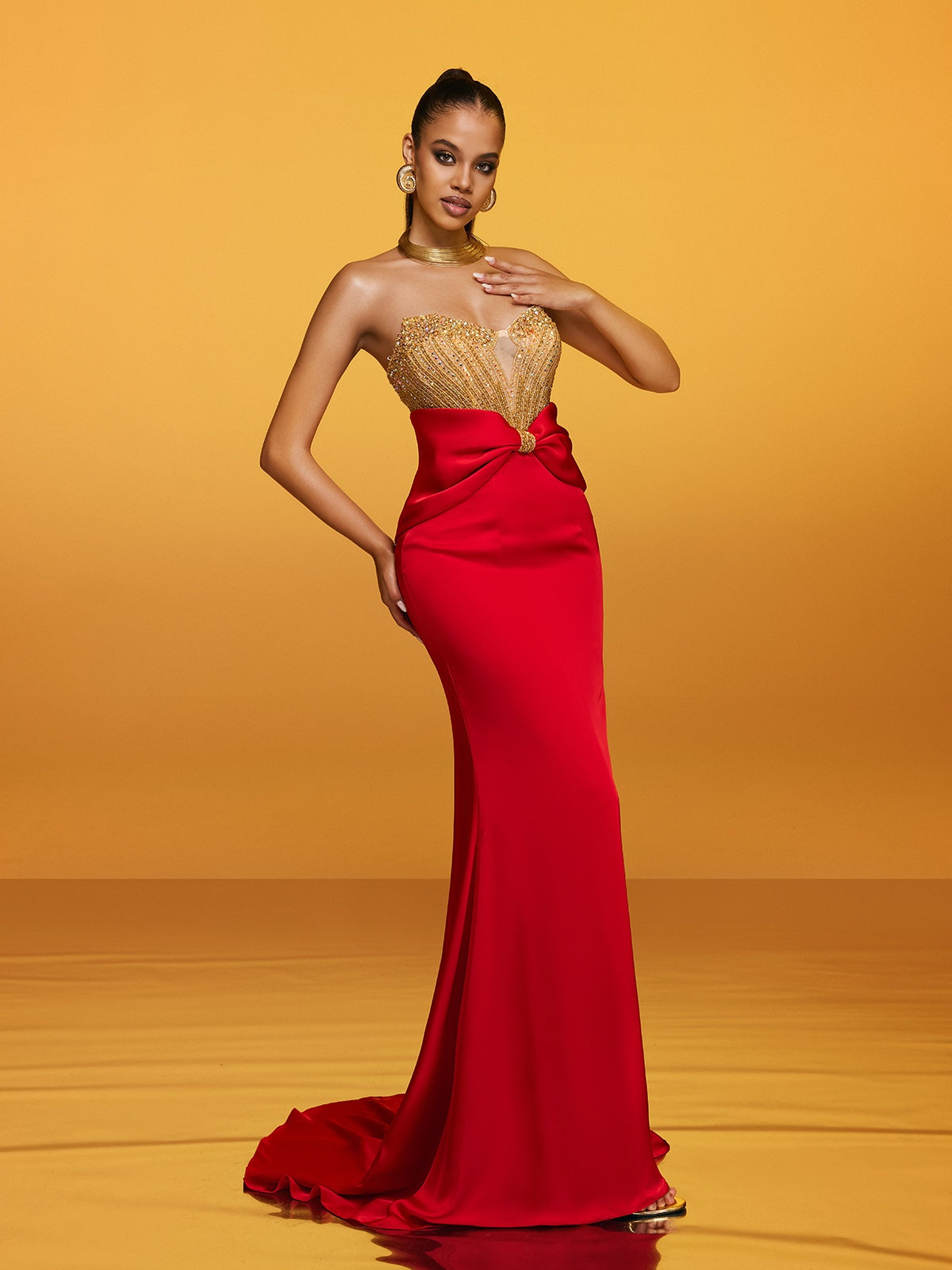 Strapless Bow Satin Column Maxi Gown 5