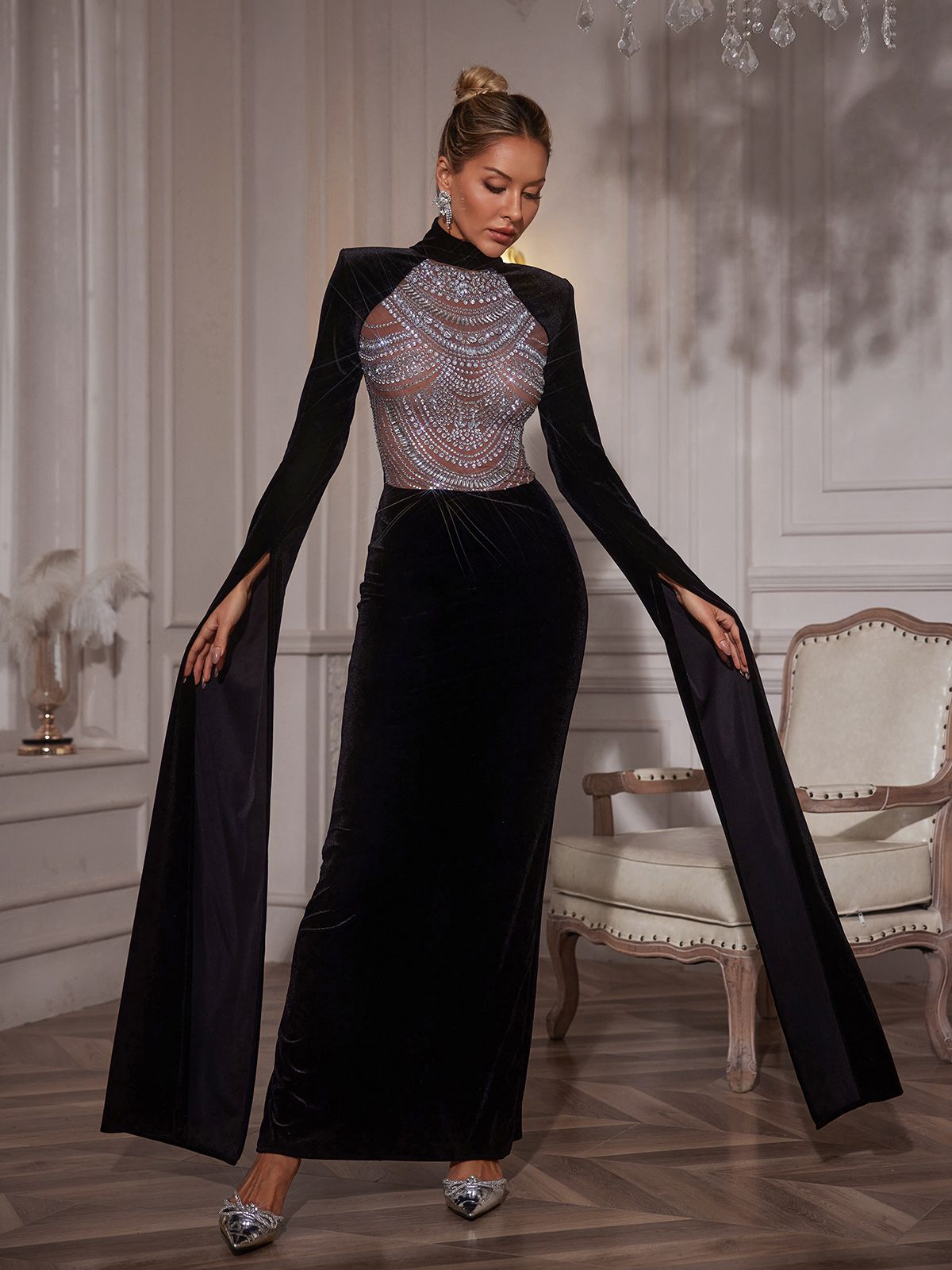 Rhinestone Velvet Column Maxi Gown 2