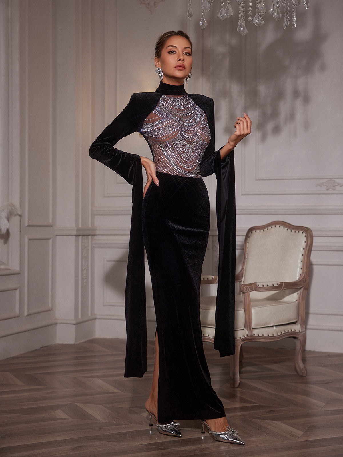 Rhinestone Velvet Column Maxi Gown 3