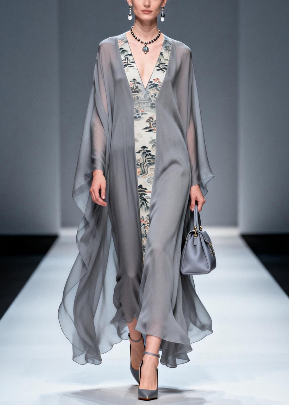 Landscape Print Deep V-Neck Column Maxi Dress with Sheer Cape Sleeve Overlay 3