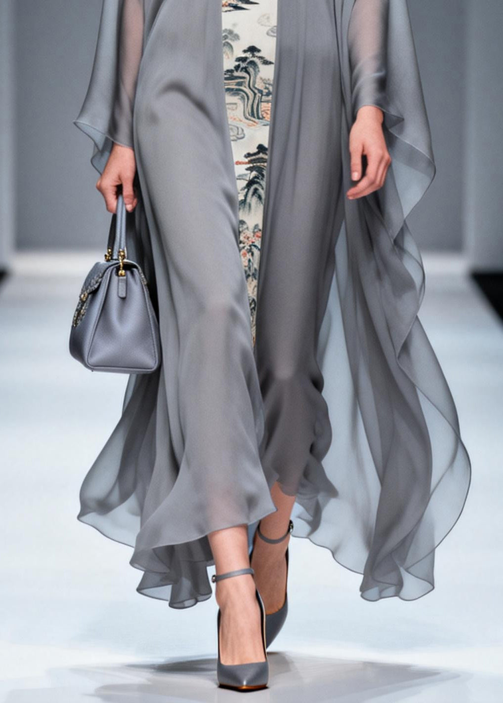 Landscape Print Deep V-Neck Column Maxi Dress with Sheer Cape Sleeve Overlay 4