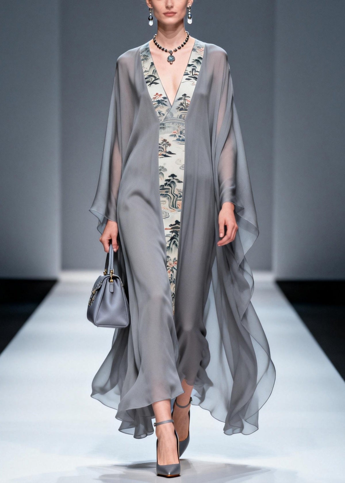 Landscape Print Deep V-Neck Column Maxi Dress with Sheer Cape Sleeve Overlay 5