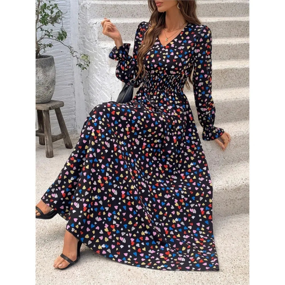Heart Print V-Neck Long Sleeve Smocked A-Line Maxi Dress