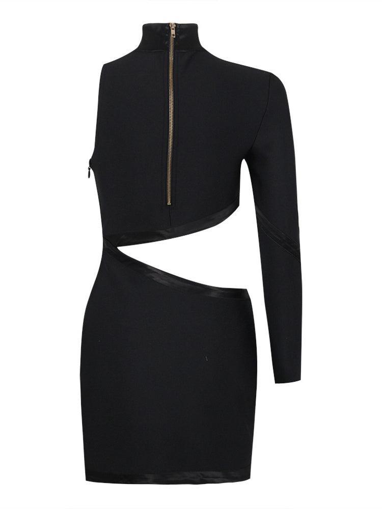 One Sleeve Mock Neck Asymmetric Cutout Satin Trim Bandage Mini Dress 8