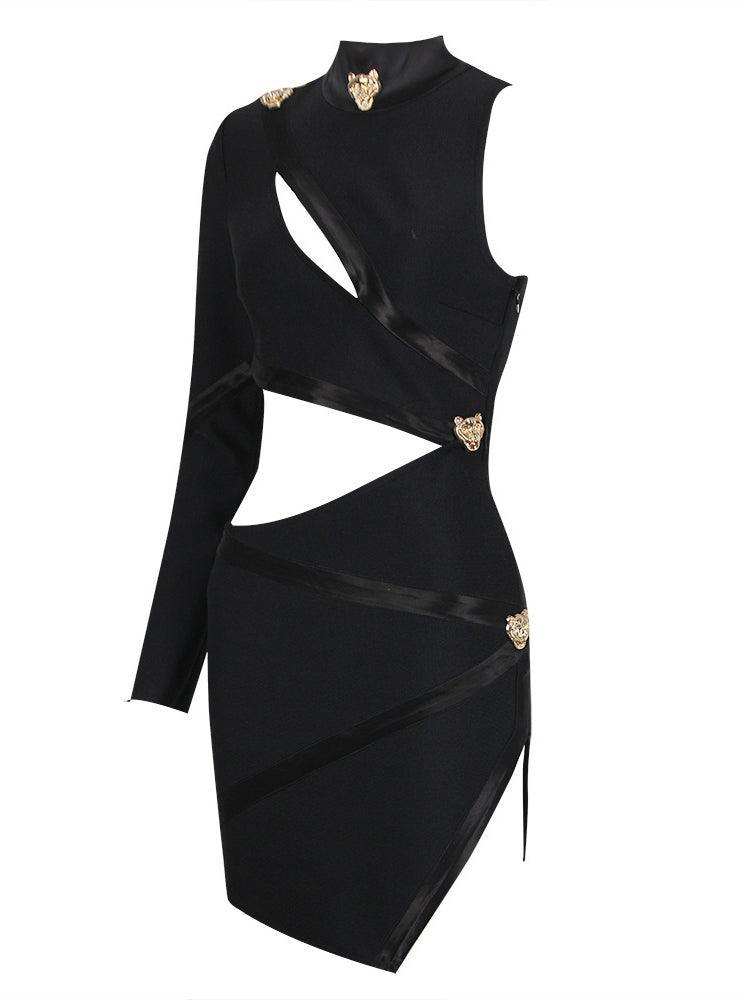 One Sleeve Mock Neck Asymmetric Cutout Satin Trim Bandage Mini Dress 7