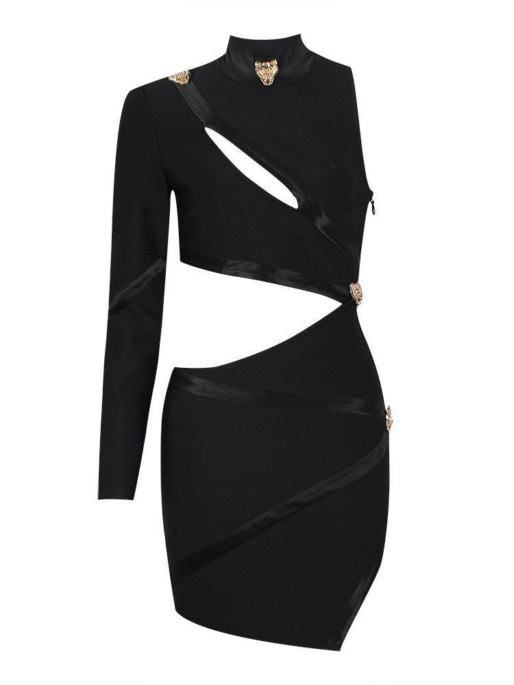 One Sleeve Mock Neck Asymmetric Cutout Satin Trim Bandage Mini Dress 6
