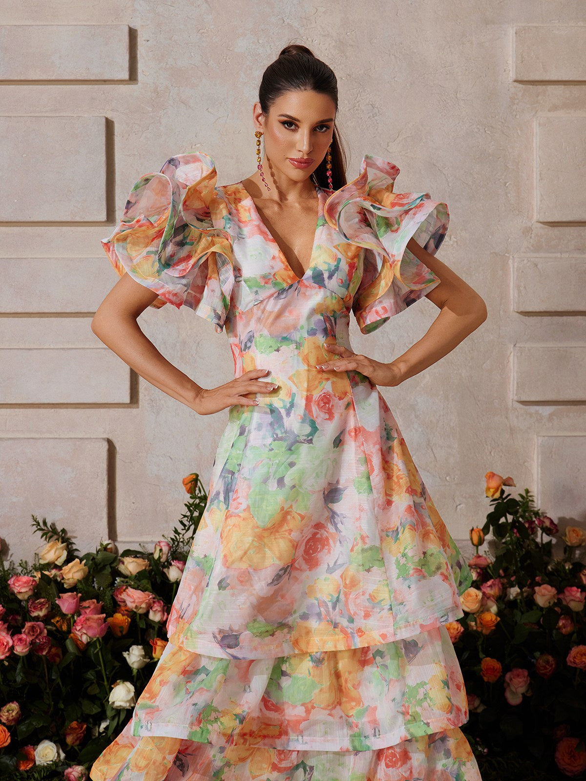 Deep V Floral Print Tiered Maxi Dress 3