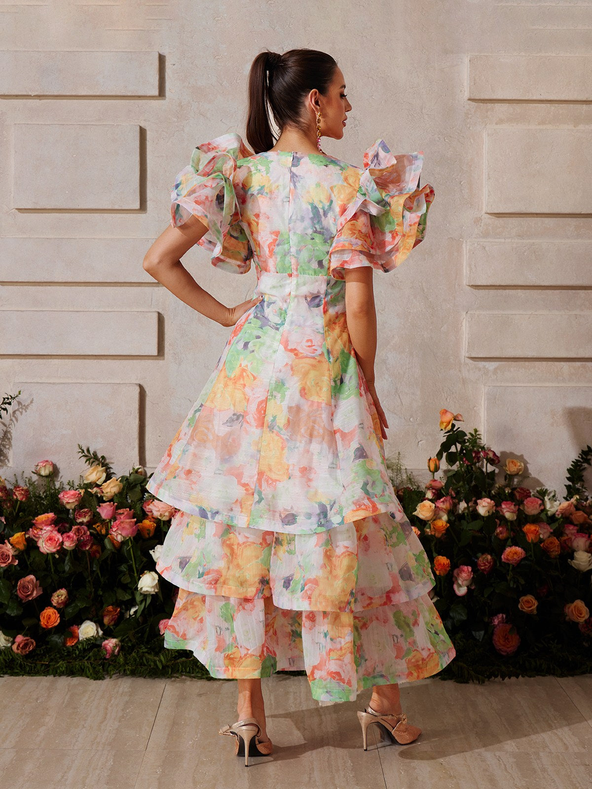 Deep V Floral Print Tiered Maxi Dress 6