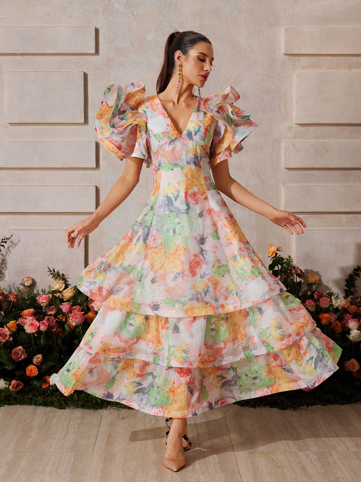 Deep V Floral Print Tiered Maxi Dress 4