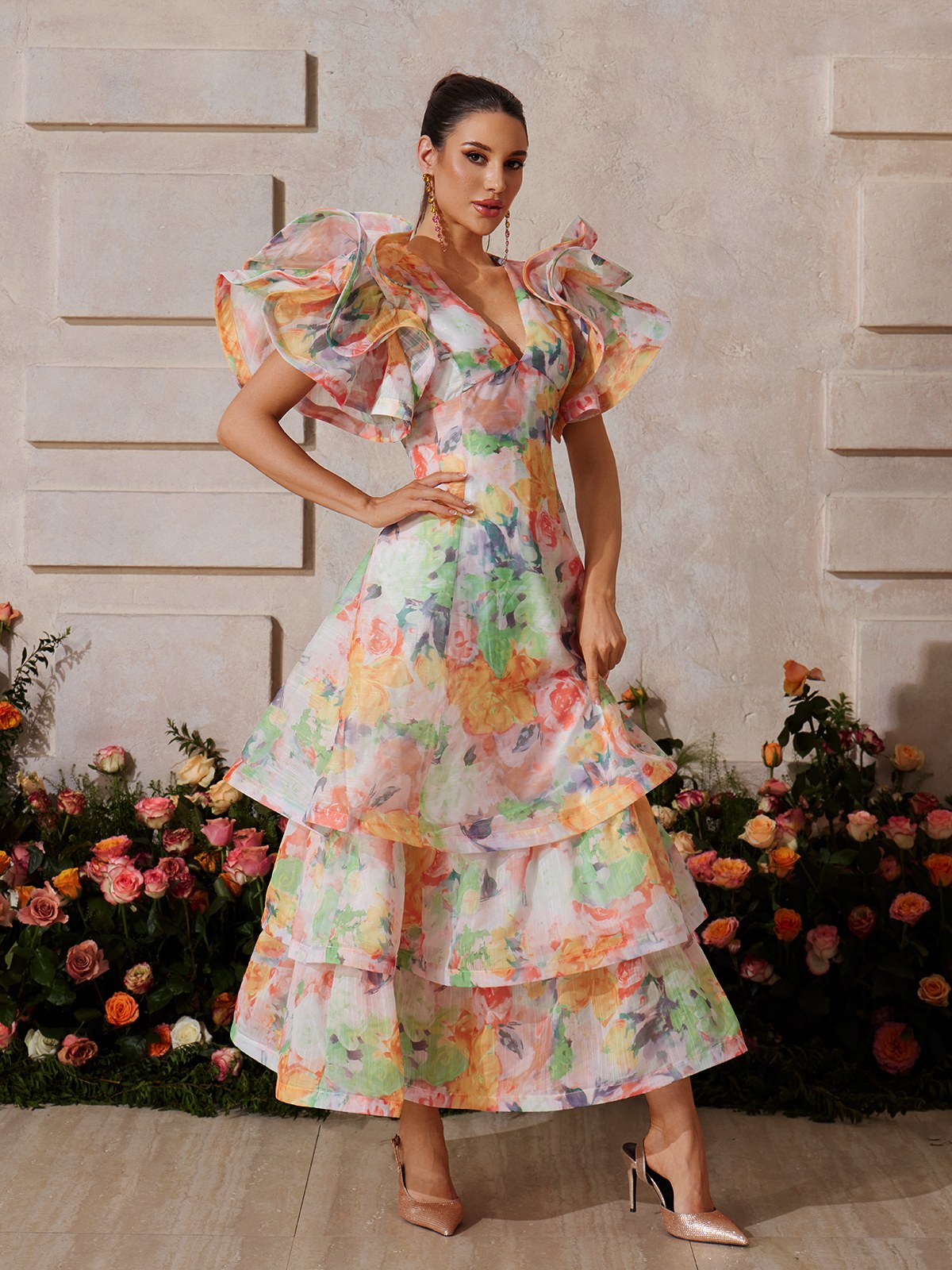 Deep V Floral Print Tiered Maxi Dress 5