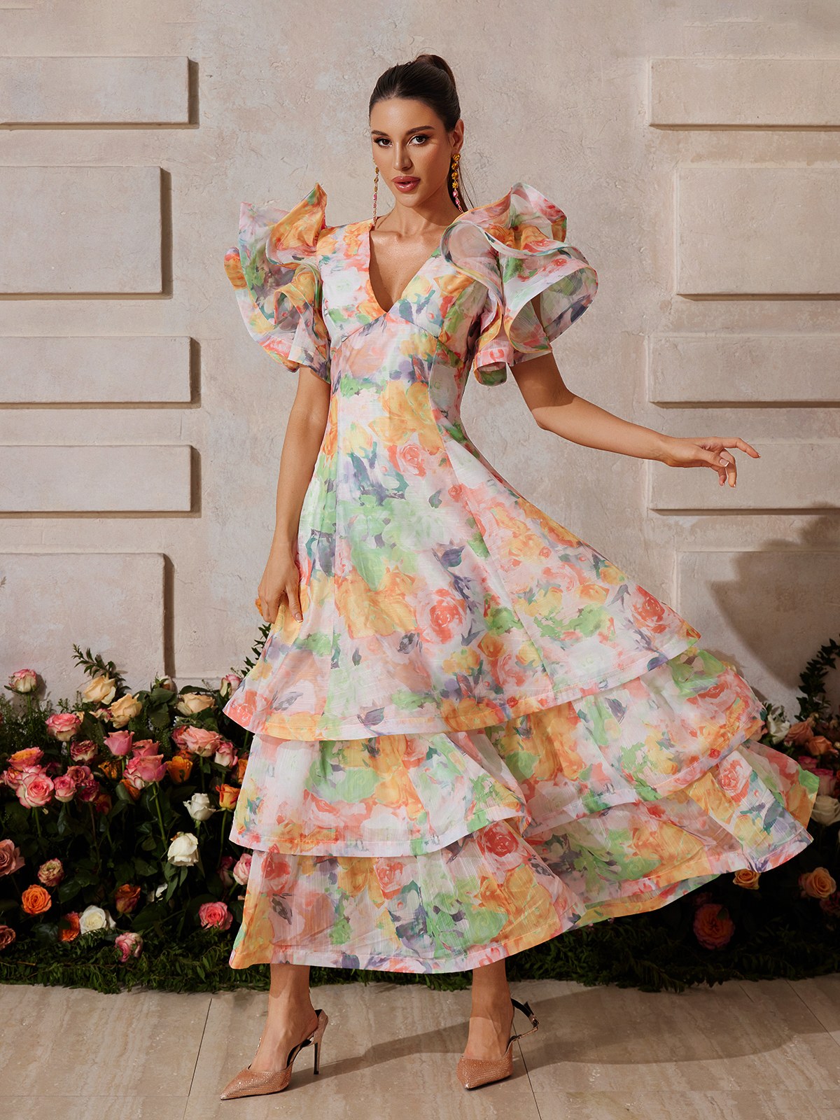 Deep V Floral Print Tiered Maxi Dress 2