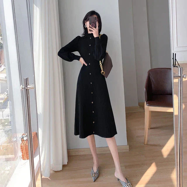 Ribbed Knit Mock Neck Puff Sleeve Button Front A-Line Midi Dress 2