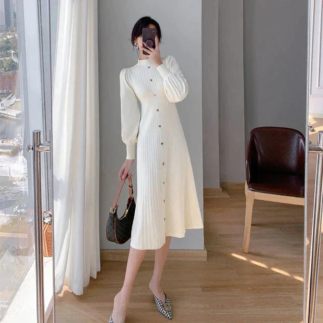 Ribbed Knit Mock Neck Puff Sleeve Button Front A-Line Midi Dress 3