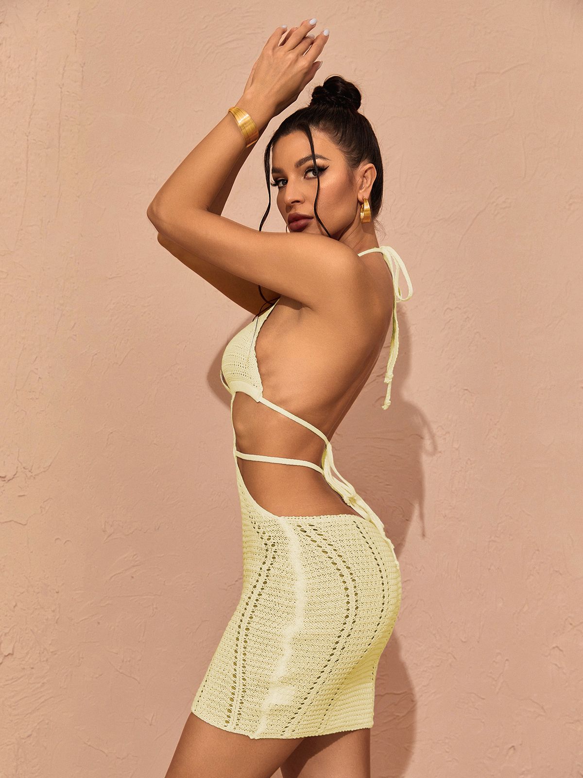 Halter Neck Crochet Chevron Pointelle Waist Cutout Mini Dress 2