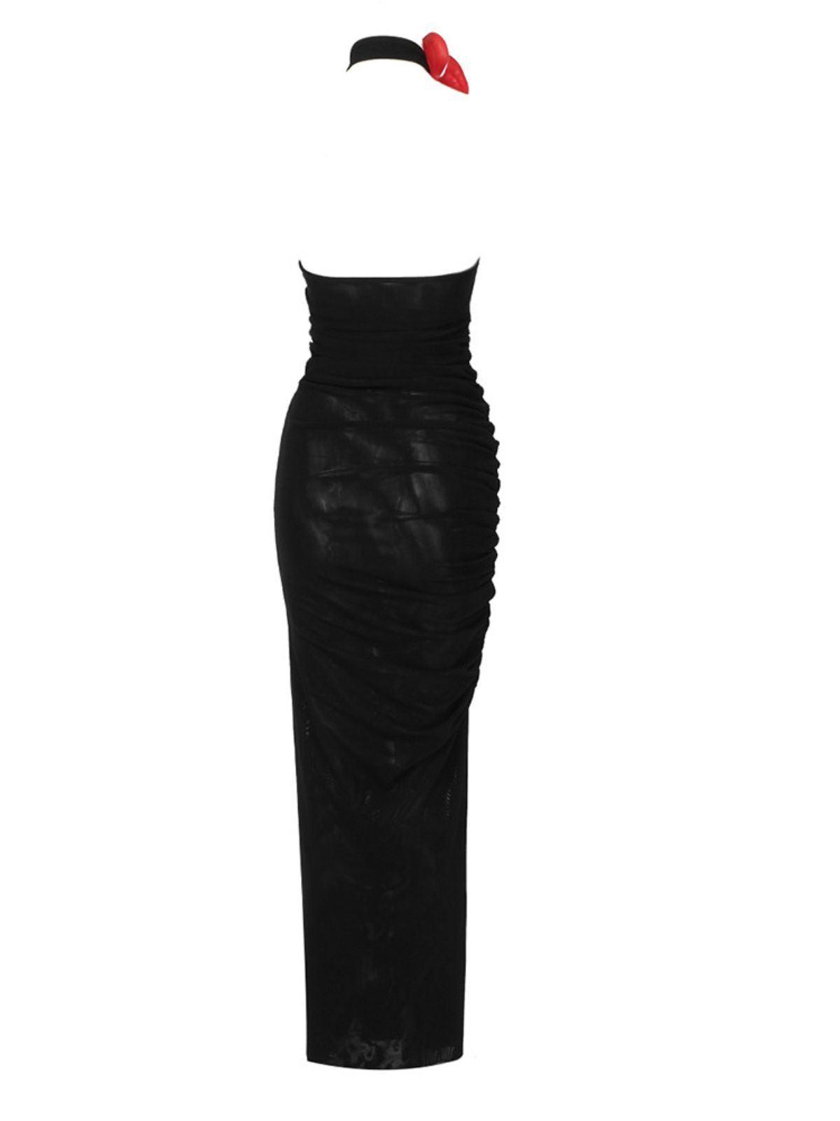 One Shoulder Halter Anthurium Accent Ruched Mesh Column Maxi Gown 9