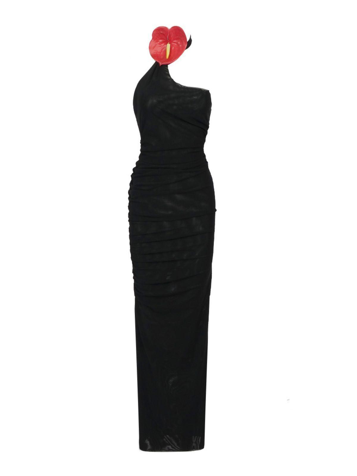 One Shoulder Halter Anthurium Accent Ruched Mesh Column Maxi Gown 7