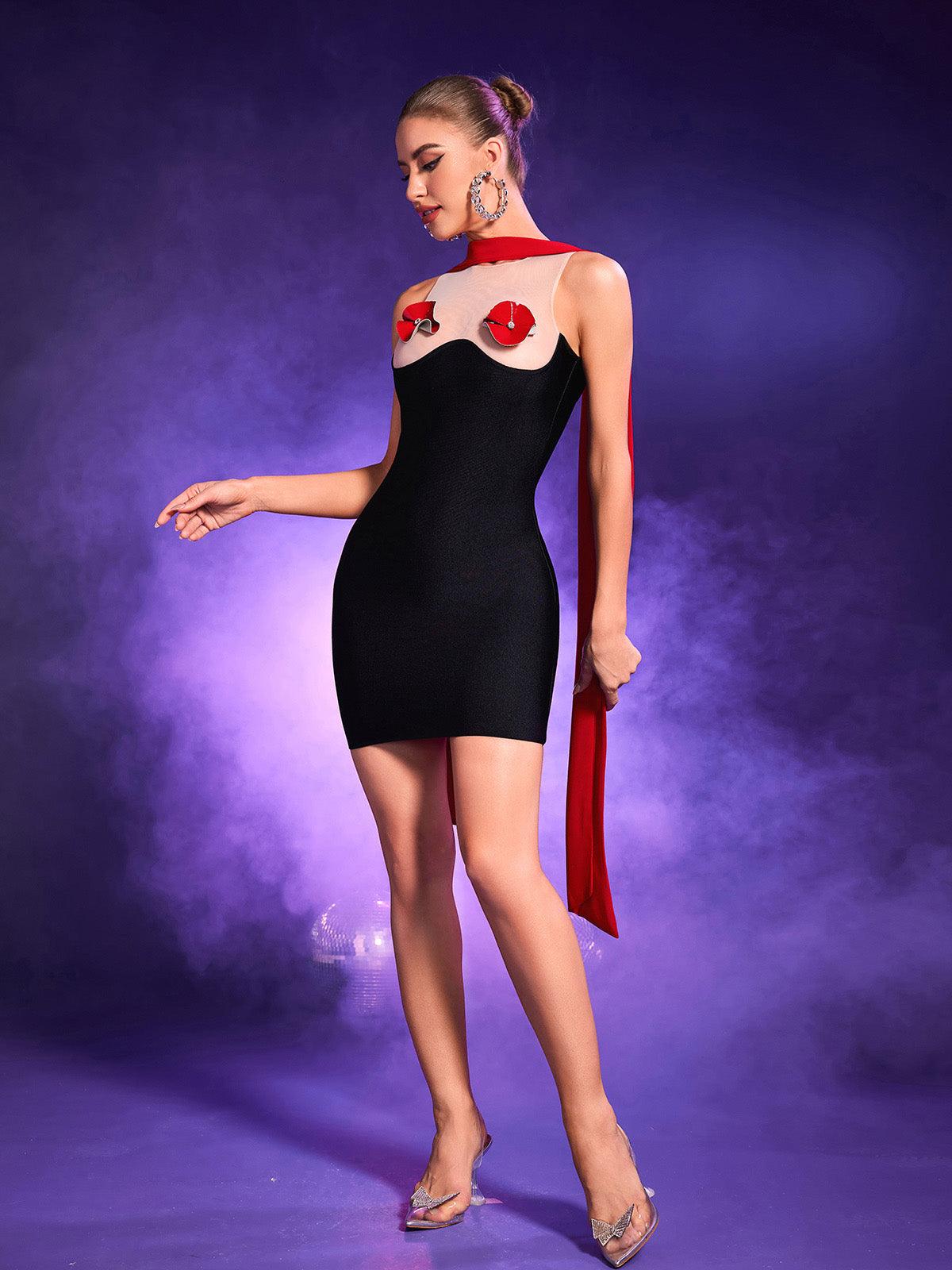 Mesh Insert Scalloped 3D Floral Bodycon Cape Train Mini Dress 8