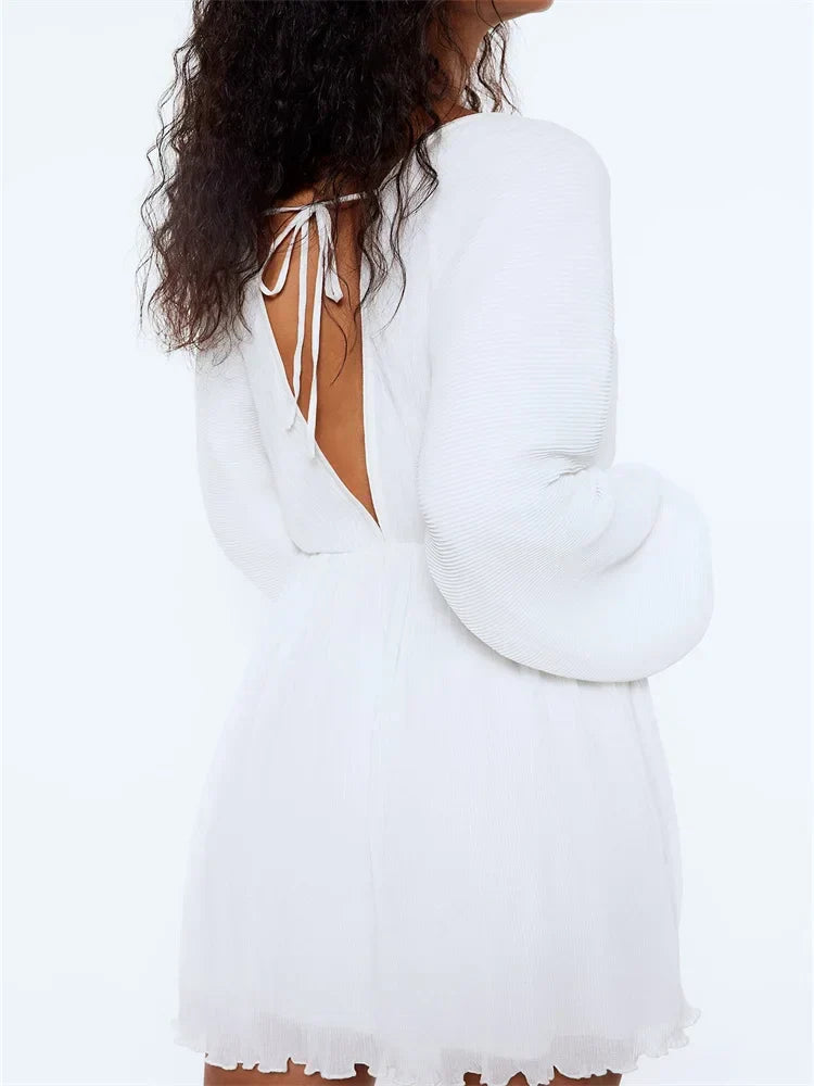 Plissé Deep V-Neck Bell Sleeve Empire Waist Mini Dress 6