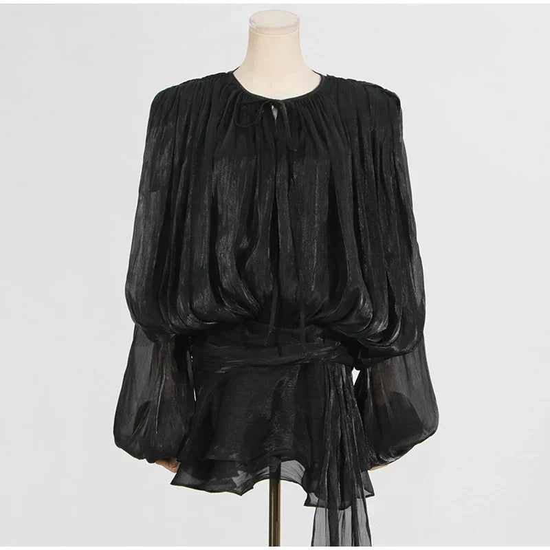 Keyhole Tie Neck Pleated Bishop Sleeve Tiered Ruffle Skirt Set 11