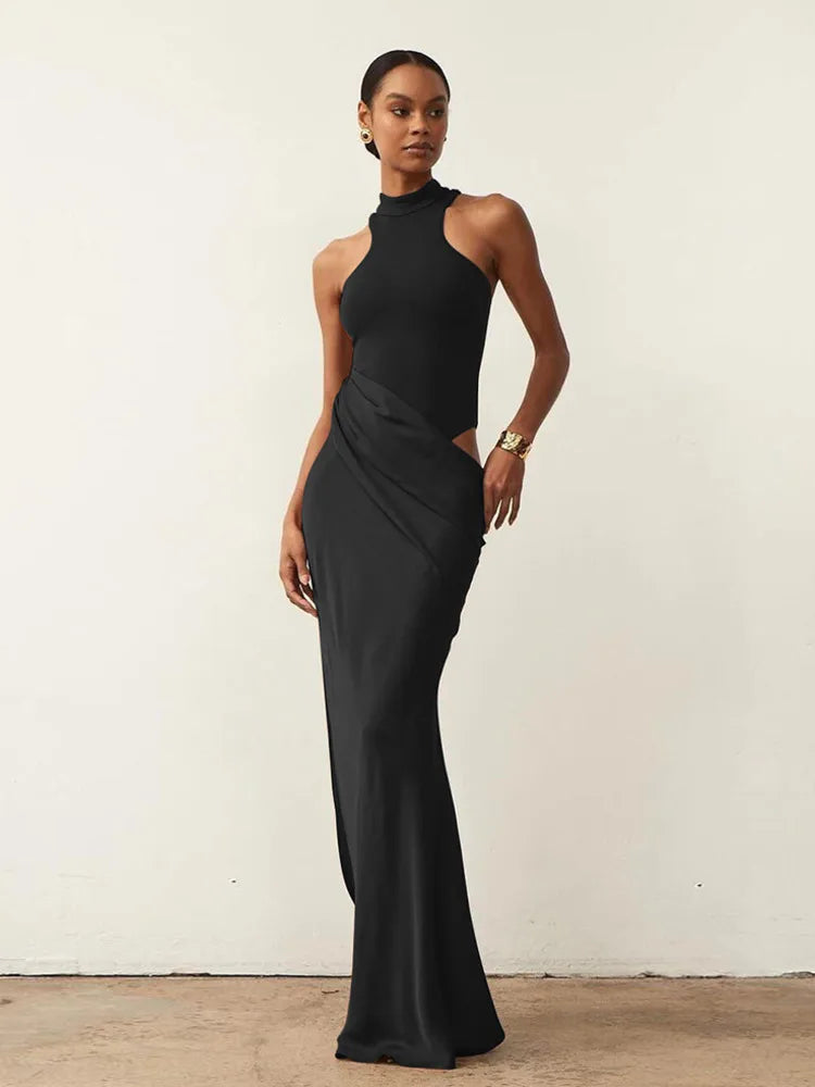 Satin Mock Neck Halter Bodycon Mini Dress Wrap Drape Cutout Maxi Dress 4