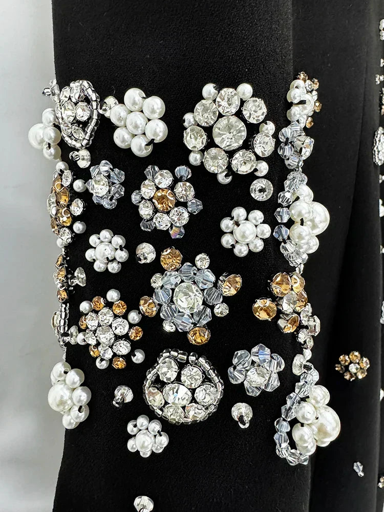 Crystal Floral Embellished Structured Shoulder Long Sleeve Column Maxi Dress 6